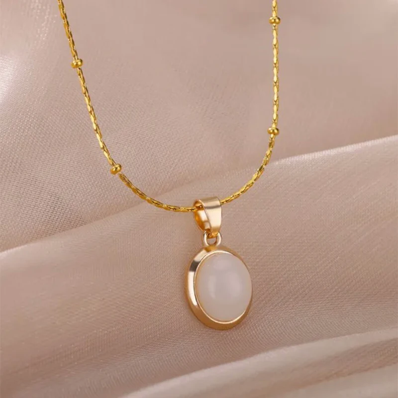 1PCS Natural Stone Pendant Gold Color Choker Necklaces Stainless Steel Round Opal Necklace For Women Girls Vintage Jewelry